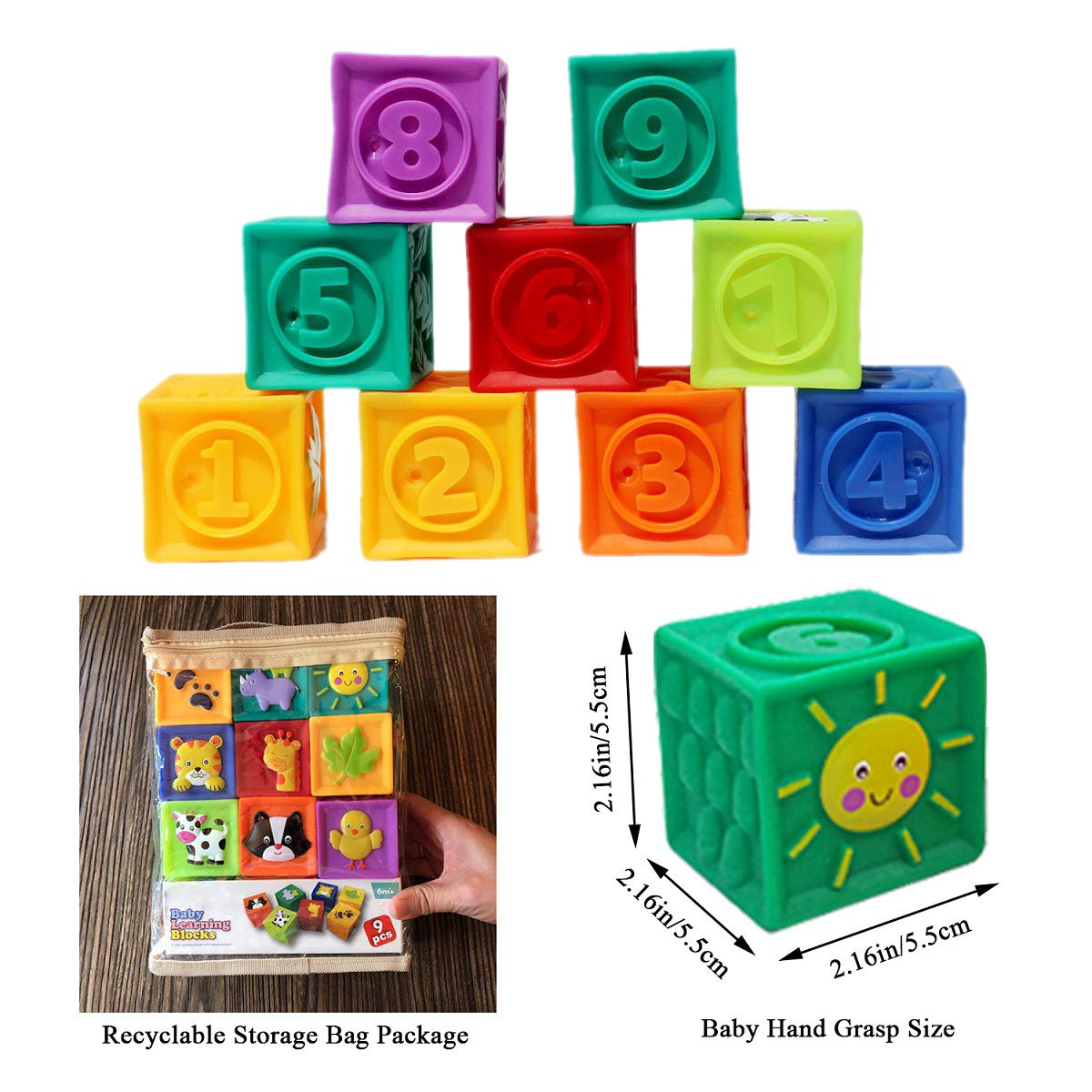 Kingtree Baby Blocks, 9Pcs Soft Squeeze Building Blocks Stacking Toys For 6+ Months Babies, Baby Teething Chewing Educational Blocks Set With Numbers Animals Shapes Textures