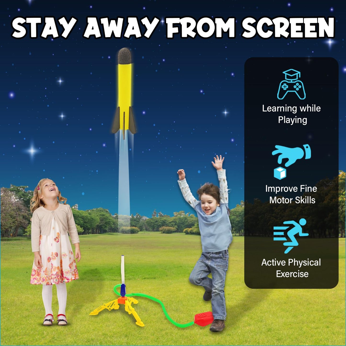 Foam Rocket Launcher For Kids - Includes 3 Foam Rockets And Stand - Outdoor Toy For Boys & Girls - Great For Park, Yard, And Bea