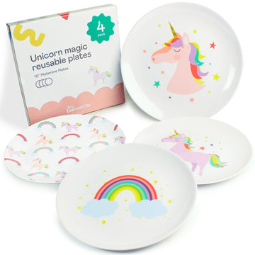 Tiny Expressions Unicorn Plates - 10 Set of 4 Reusable Melamine Party Plates with Rainbows, Stars & Whimsical Unicorns - Ideal f