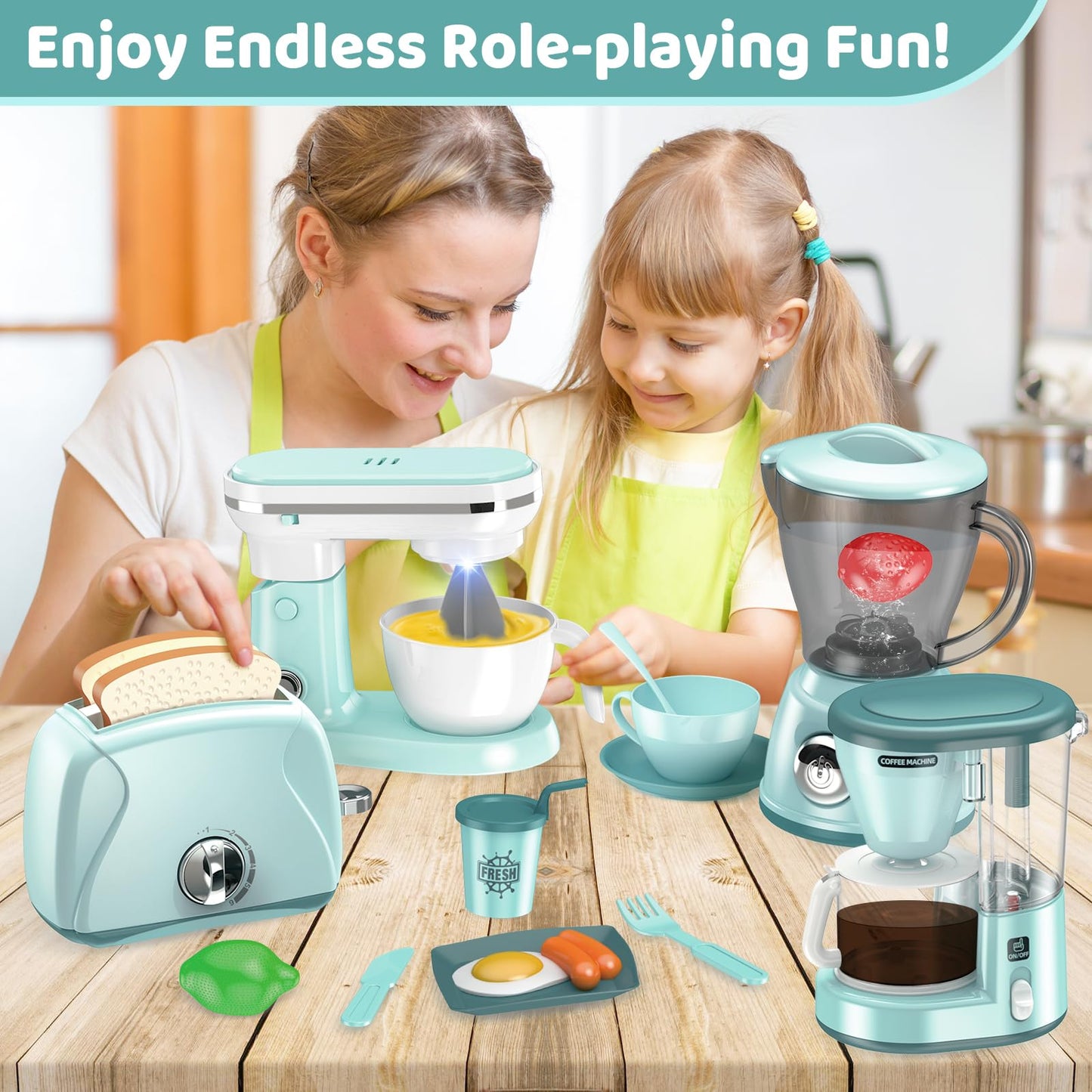 Shemira Play Kitchen Accessories, Pretend Play Kitchen Appliances Toy Set with Coffee Maker, Blender, Mixer, Toaster, Toys for 3