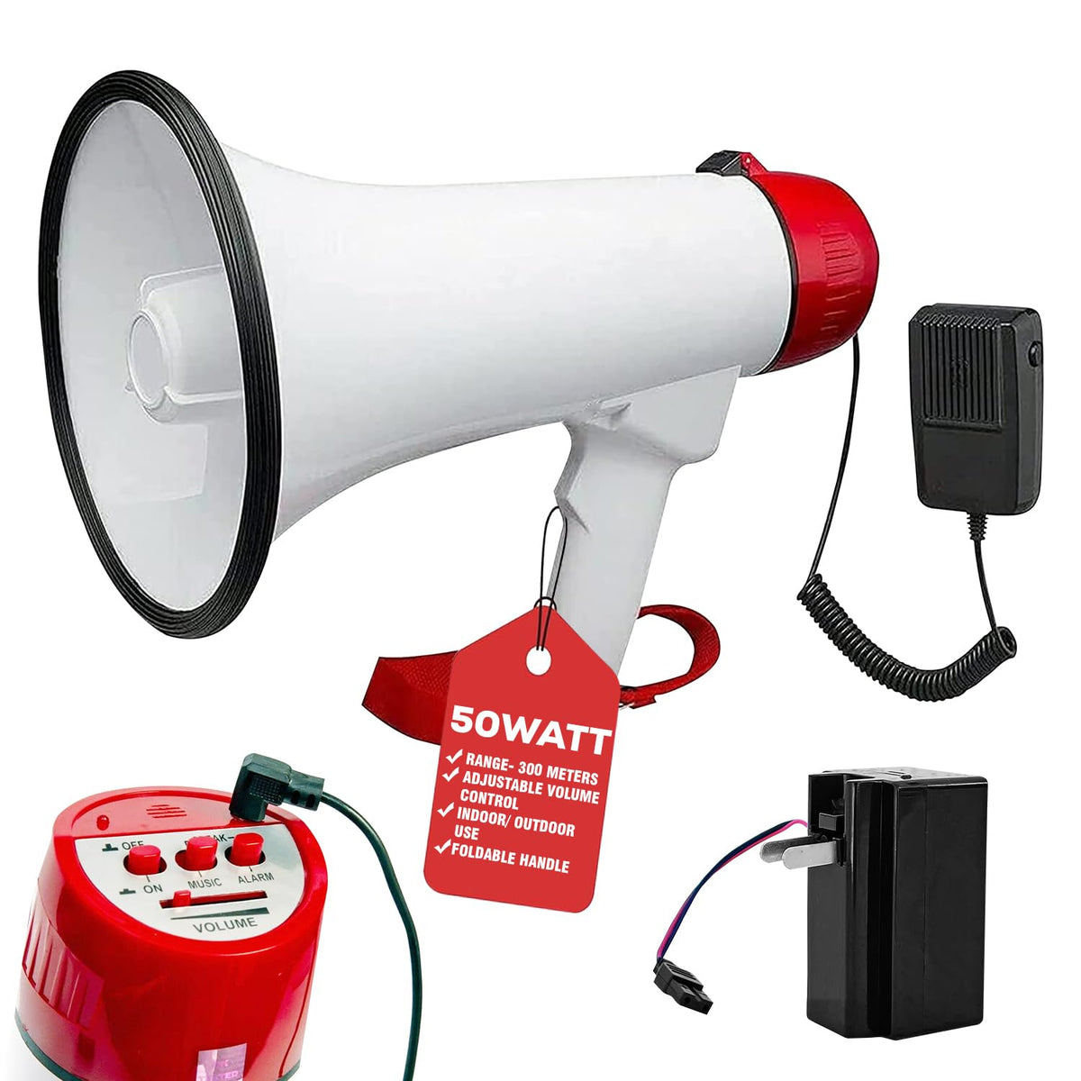 5 CORE Megaphone Bull Horn 50W Power 300 Meter Range Loud Siren Rechargeable Bullhorn PA Speaker System w Recording USB SD Card 