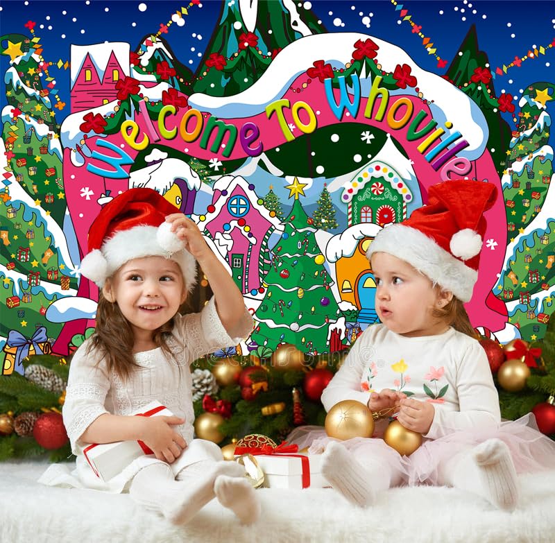 CUMIA Welcome to Whoville Backdrop - 8x6FT Winter Christmas Village Photography Background for Kids Birthday & Holiday Parties, Blue