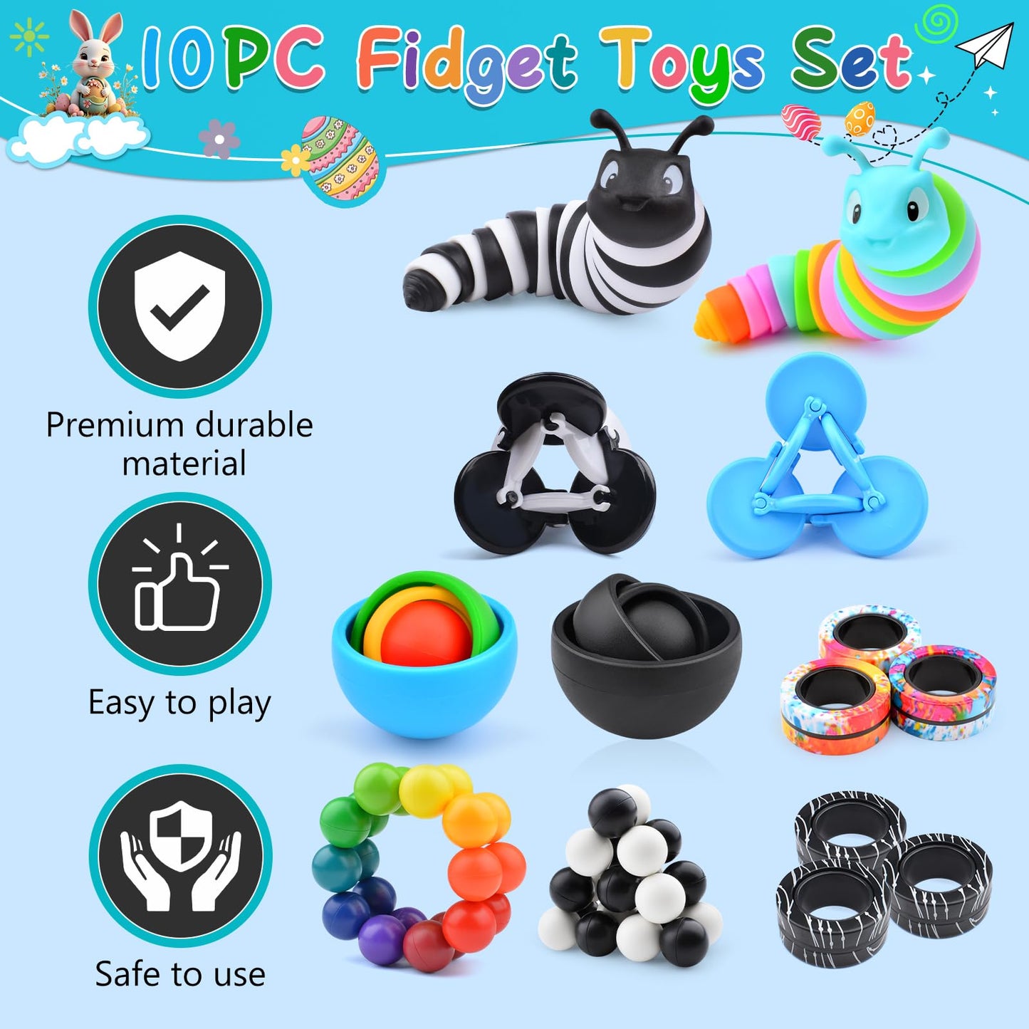 Fidget Toys Adults Pack, Fidget Spinner For Kids, Easter Basket Stuffers For Teens, 10Pc Sensory Toys Set For Autism, Desk Toy S