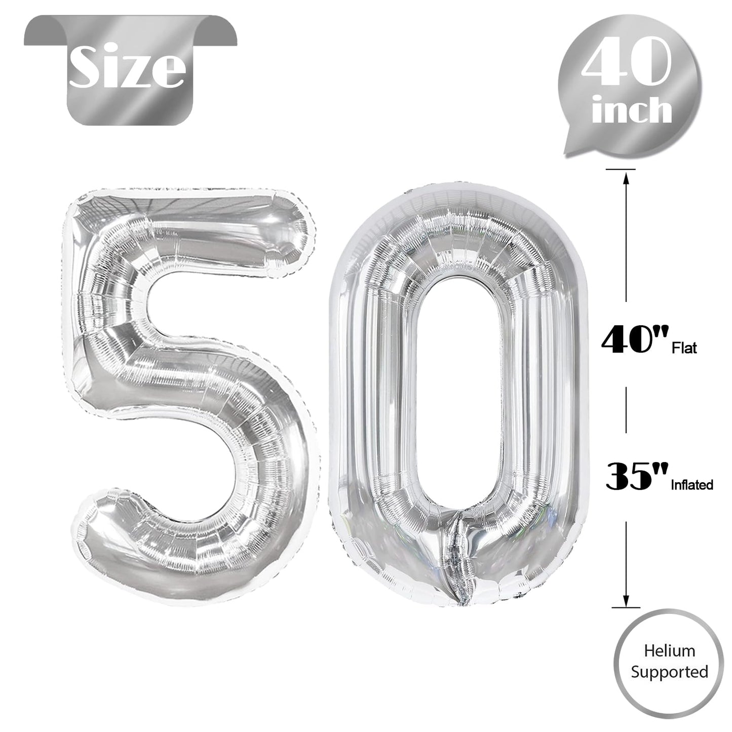 50 Balloon Number, Silver Number 50Th Birthday Balloons 40 Inch, 50 Years Old Silver Birthday Decorations For Men Women, 50Th An