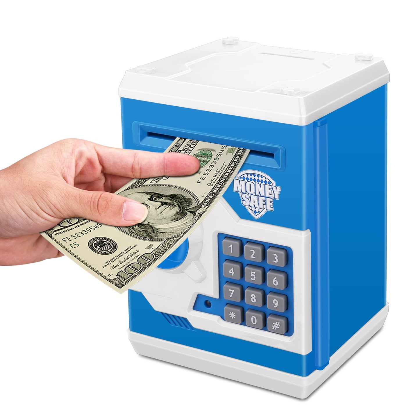Renvdsa Electronic Password Piggy Bank Kids Safe Bank Mini Atm Electronic Money Save Box Cash Coin Can (Blue White)