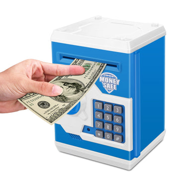 Renvdsa Electronic Password Piggy Bank Kids Safe Bank Mini Atm Electronic Money Save Box Cash Coin Can (Blue White)