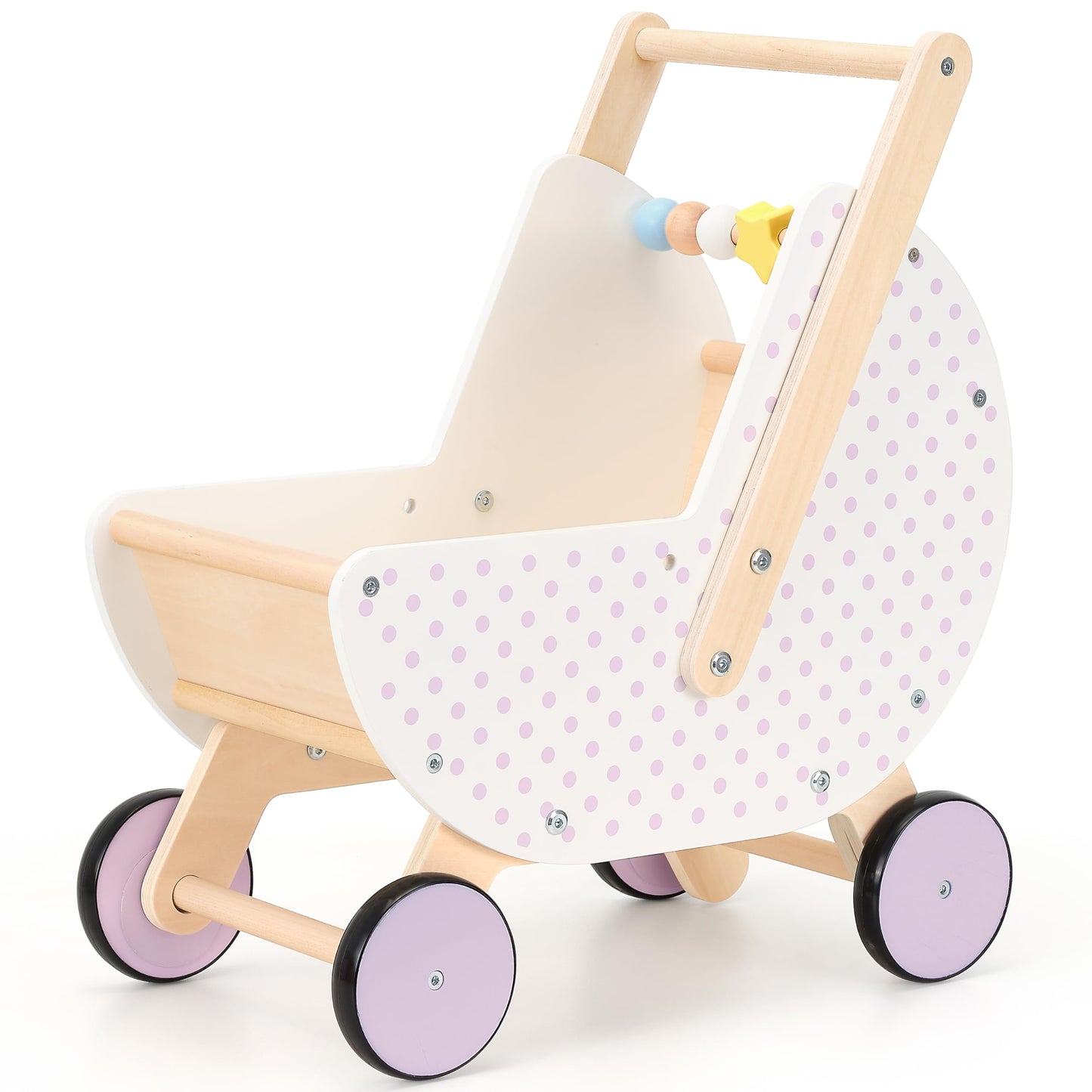 Pillowhale Wooden Baby Walker  &  Doll Stroller - Adjustable Handle Push Cart, Anti-Tip, Quiet Wheels, Pretend Shopping Cart - M