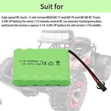Tosiicop 6V 2400mAh NiMH Battery - RC Car Rechargeable Battery AA with SM-2P 2 Pin Plug and USB Charge Cable for RC Truck Car St