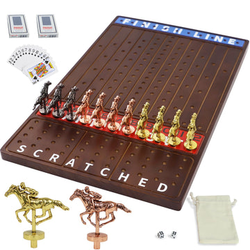 Jyquorp Metal Horse Race Board Game Racing Game Thickened Solid Wood With 11 Luxurious Durable Classic Metal Horses With 4 Dice