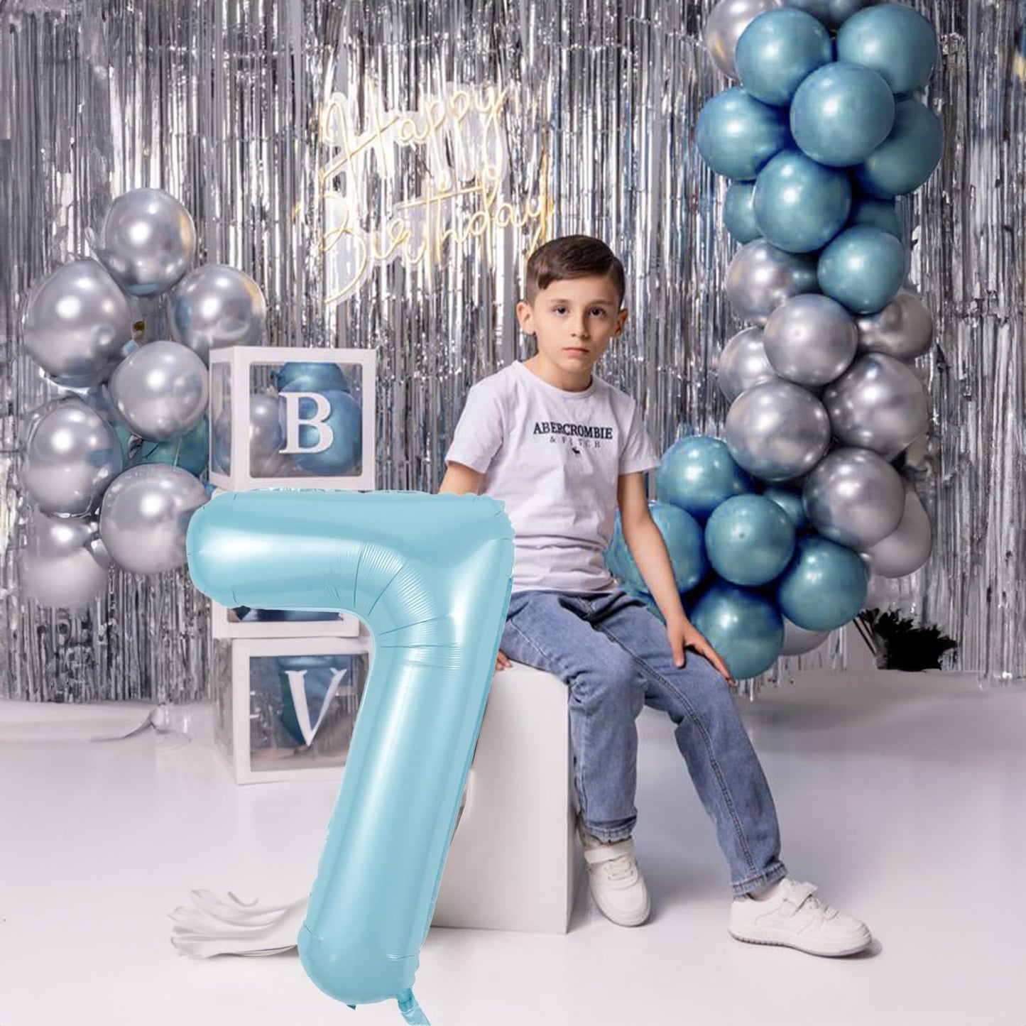40 Inch 7Th Birthday Number Balloon, Baby Blue Foil Giant Self Inflating 7 Balloons, Mylar Light Sky Blue Helium Number 7 Balloo