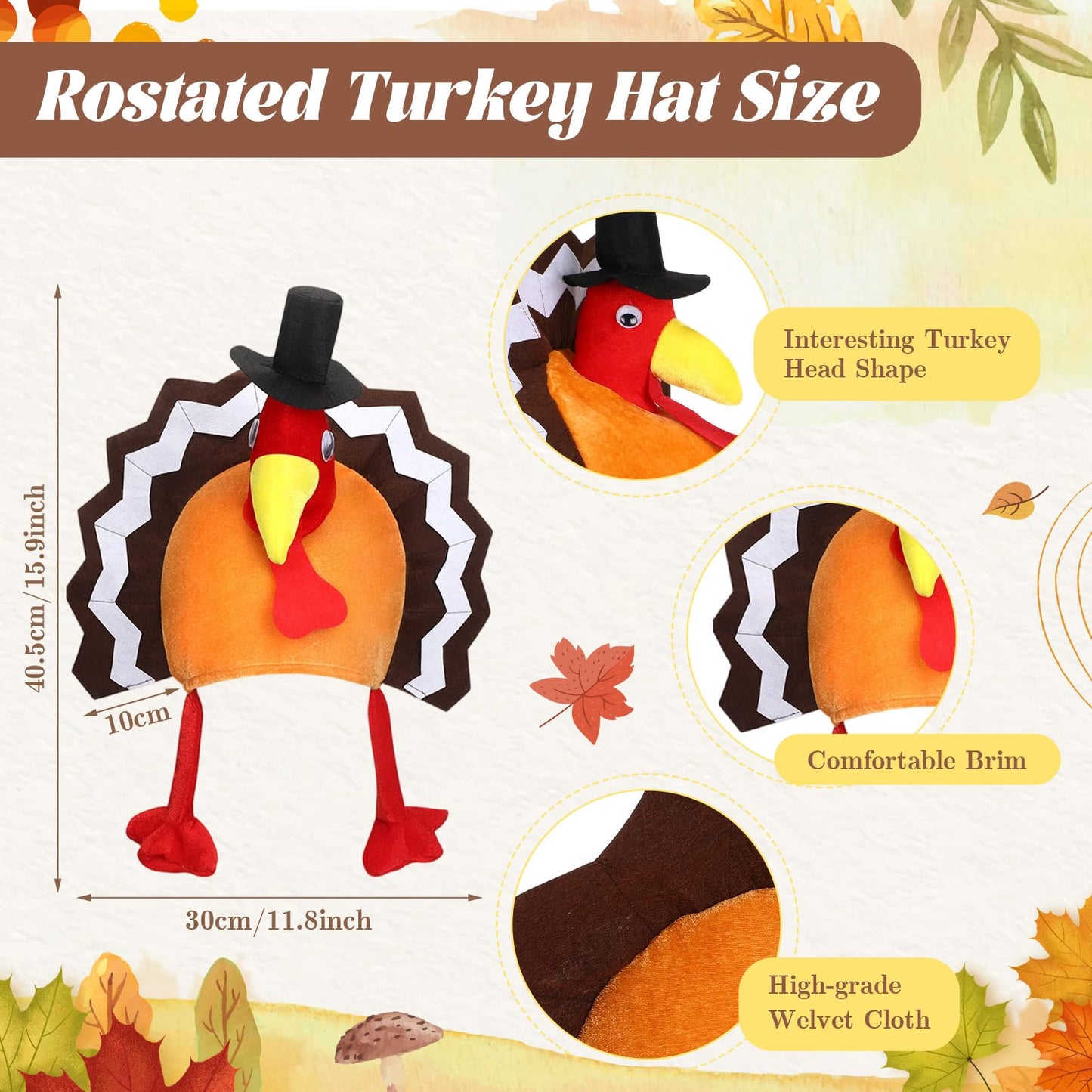 Hanaive 10 Pieces Thanksgiving Turkey Hats Bulk Turkey Hats for Dress-up Party Plush Trot Hat Party Supplies(Creative Style)