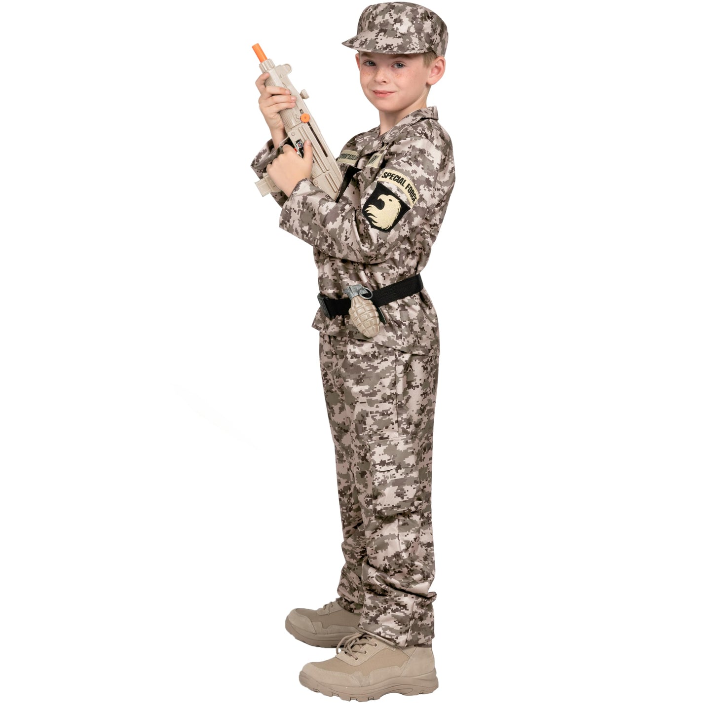Spooktacular Creations Boys Army Costume, Military Costume For Kids, Desert Camo Soldier Outfit Set With Toy Accessories For Toddler Halloween Dress Up Themed Party (Small, 5-7 Yrs)