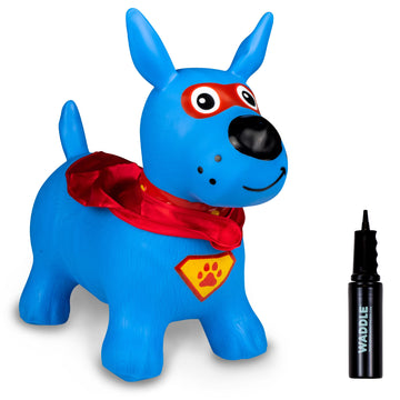 Waddle Bouncy Hopper Inflatable Hopping Animal, Indoors And Outdoors Toy For Toddlers And Kids, Pump Included, Boys And Girls Ages 2 Years And U (Blue Super Hero Dog)