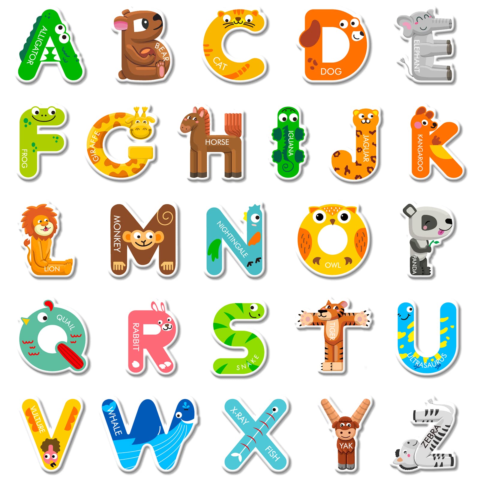 Whaline 52Pcs Alphabet Letters Thick Gel Clings Cute Animals Alphabet ABC Window Gel Decals Colorful Uppercase Animals Stickers 