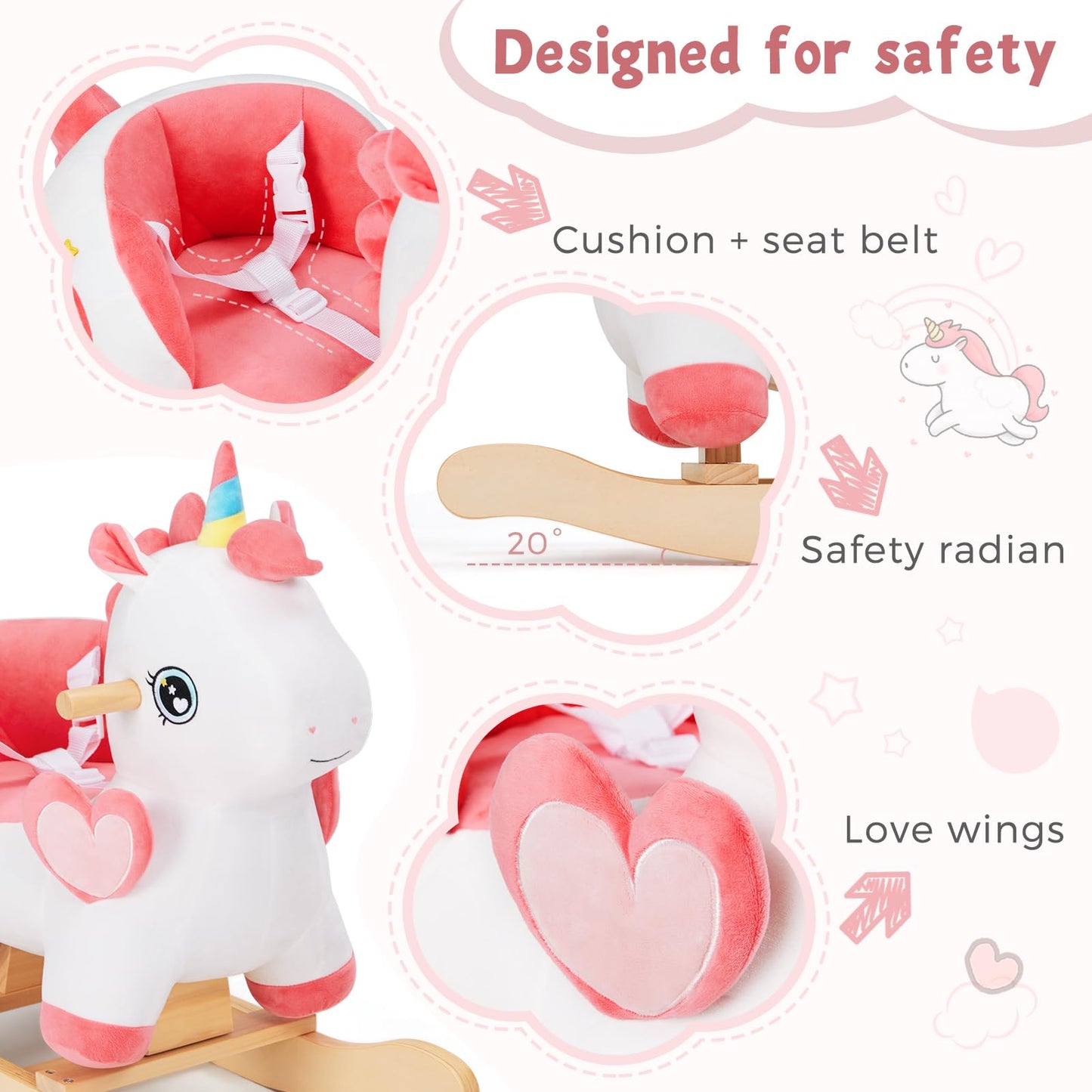 Labebe Baby Rocking Horse With Seat Belt,Ride Unicorn Bouncer For Kid 6 Month -3 Years,Stuffed Animal Rocker,Riding Toy For Baby Girls, Nursery Birthday Gift