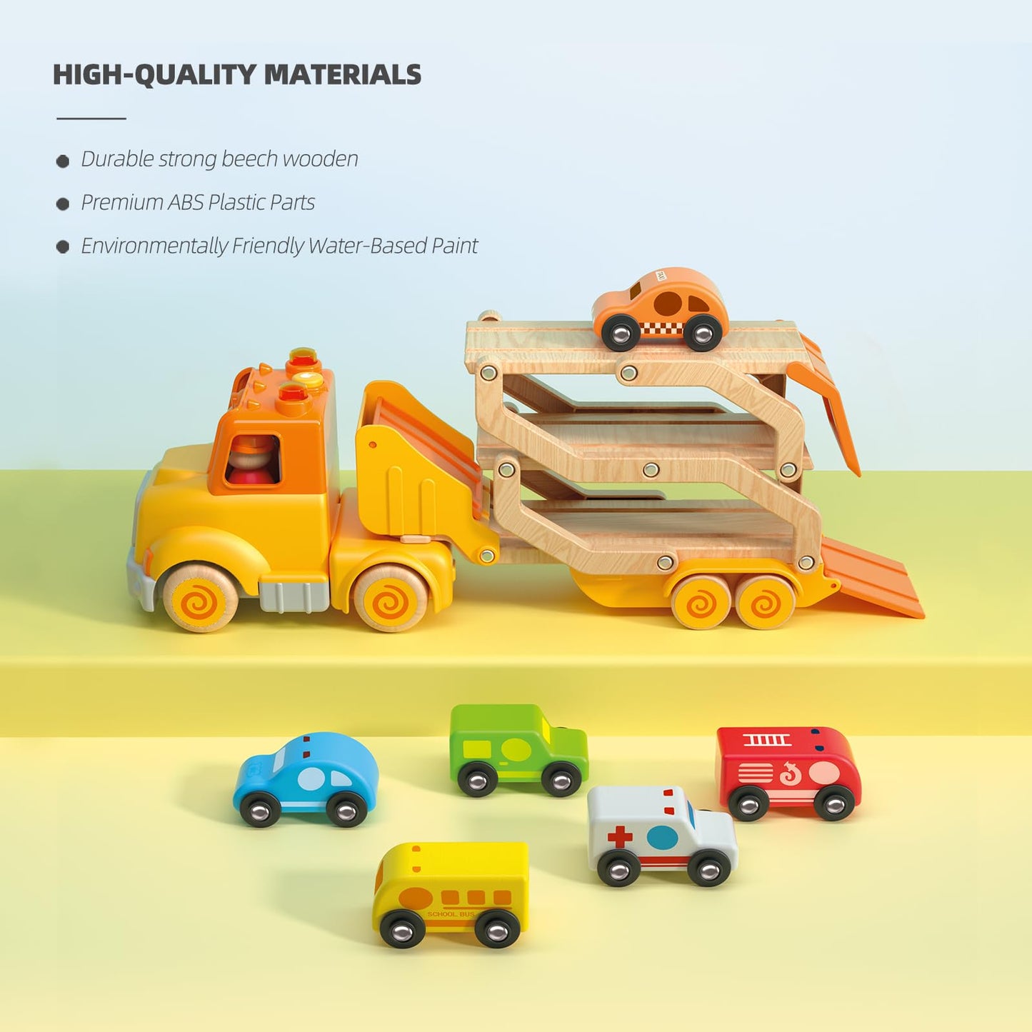 Toddler Toys For 2 3 4 5 Years Old Kids, Transport Car Carrier Truck Toy With 6 Wooden Vehicle, 30In Foldable Track Trailer With