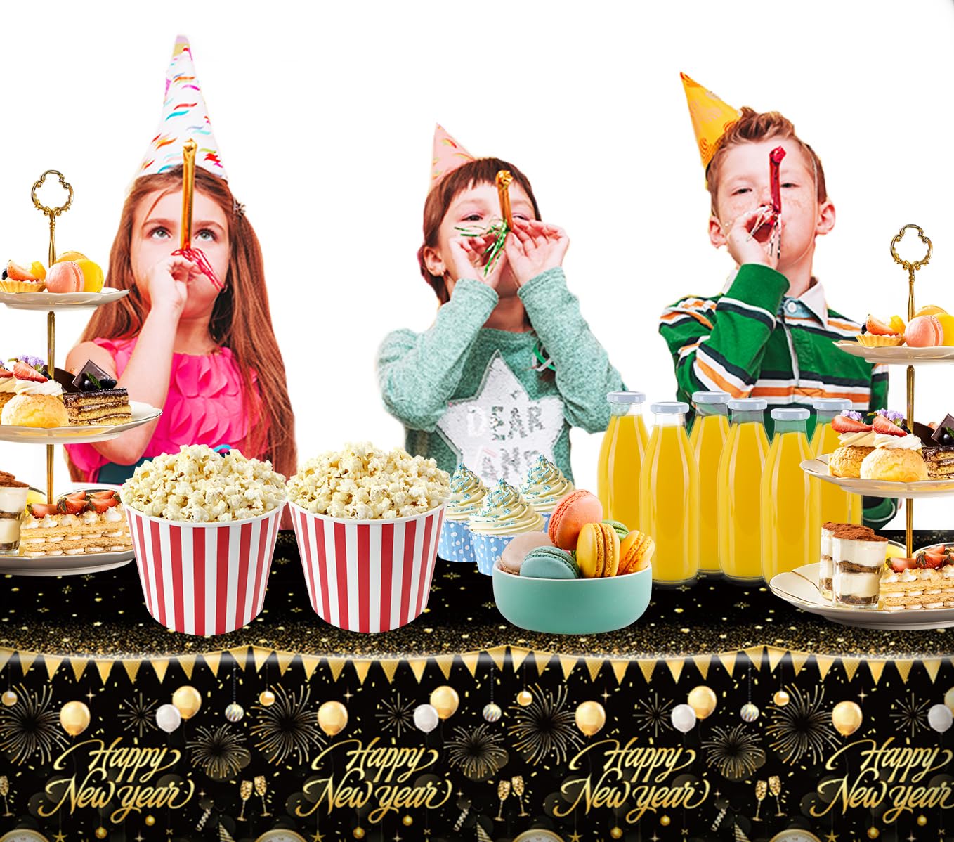 1PC Happy New Year Tablecloth, Disposable Black Gold NYE Party Tablecloth Decorations, Rectangular Plastic Happy New Year Table