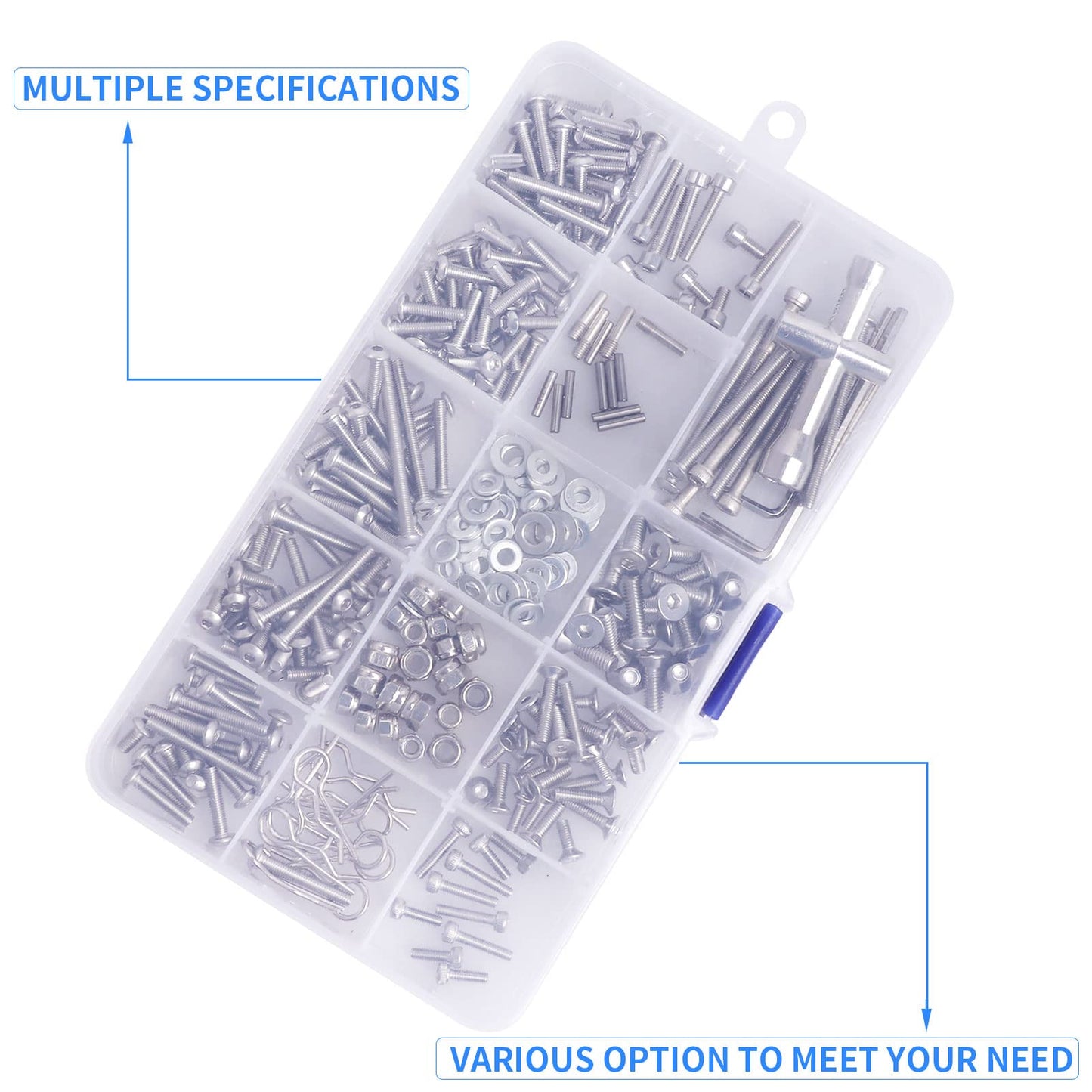Allinrc 286Pcs Rc Screw Kit M2.5 M3 M4 Hex Screws Washers Lock Nuts Body Clips Wheel Pins Cross Wrench Hardware Fastener For 1/1