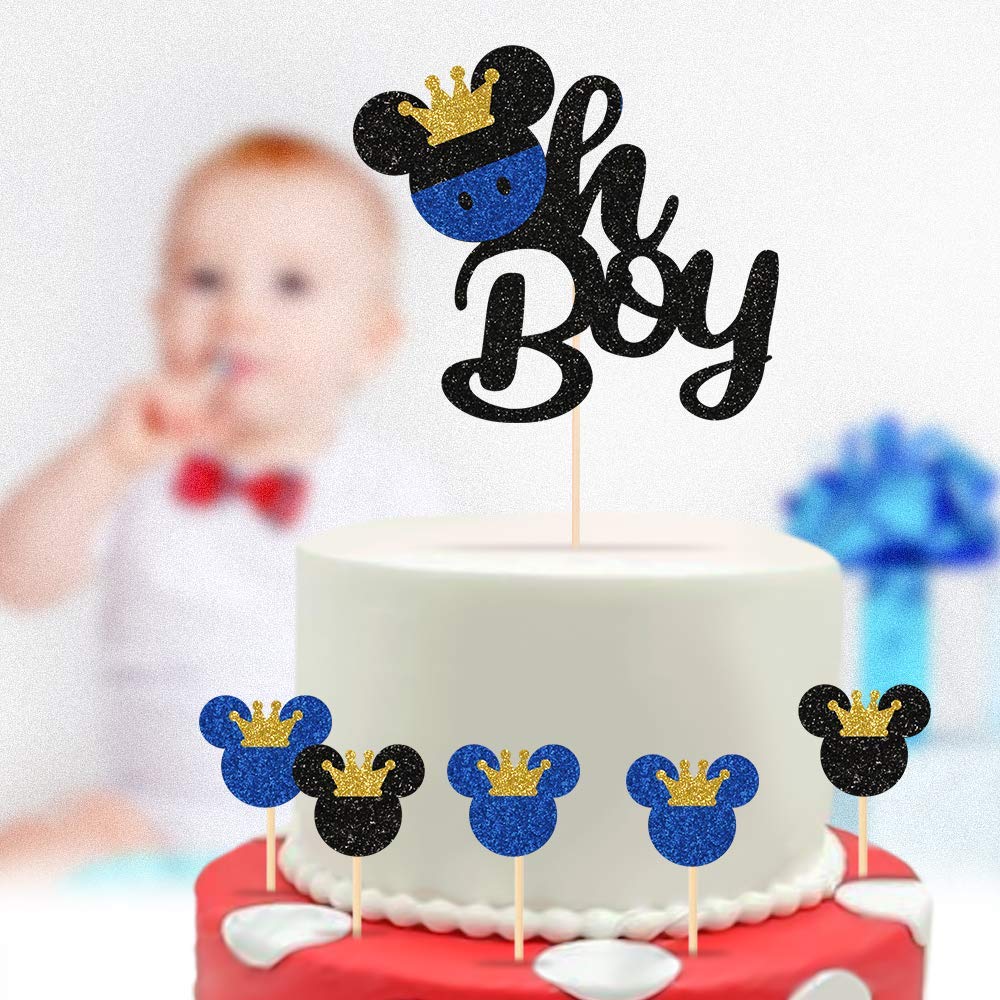 Festiko Mickey Mouse Cake Topper With 10 Pieces Mickey Mouse Cupcake Toppers- Oh Boy Cake Topper For Kid'S Birthday Party Decora