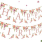 Rose Gold Floral Birthday Decorations for Women Girls - Floral Theme Glittery Happy Birthday Banner for Home Wall Mantel Window 