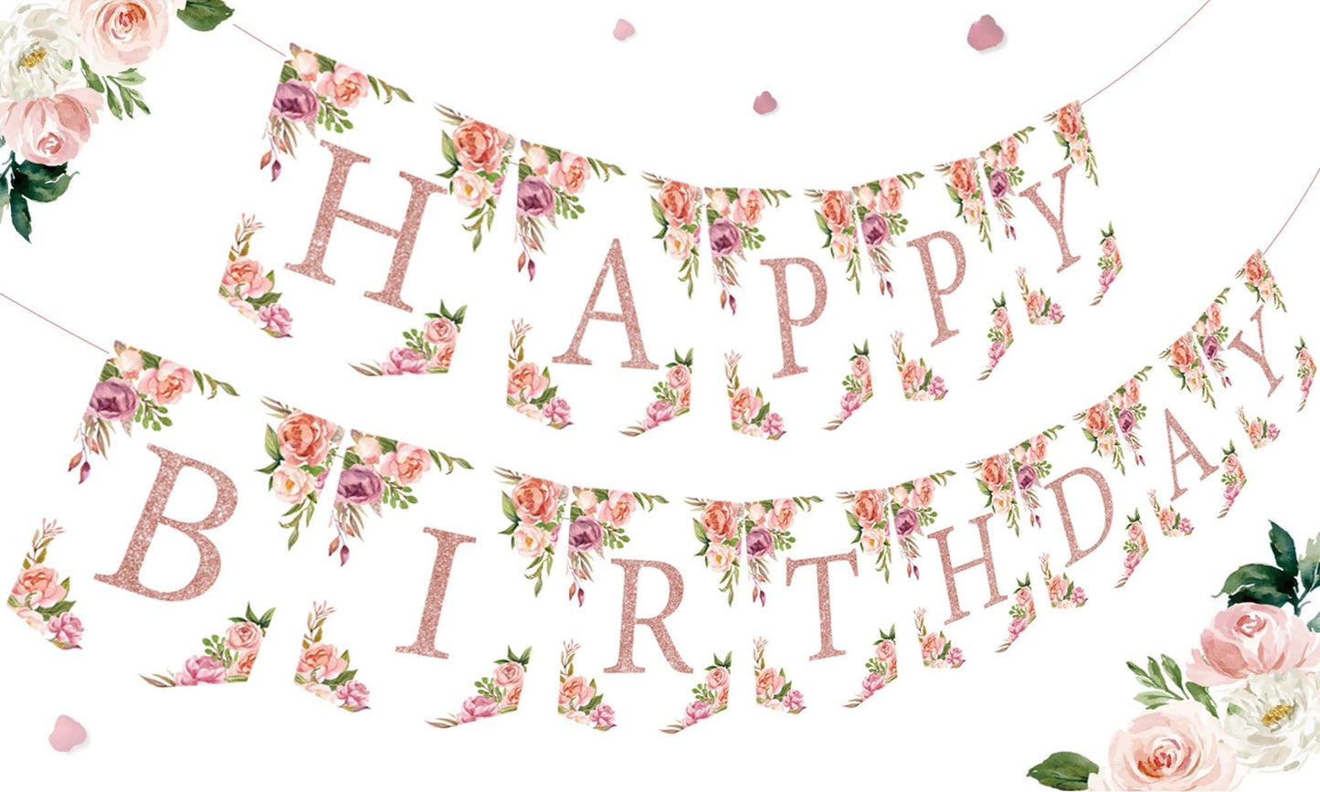 Rose Gold Floral Birthday Decorations for Women Girls - Floral Theme Glittery Happy Birthday Banner for Home Wall Mantel Window 