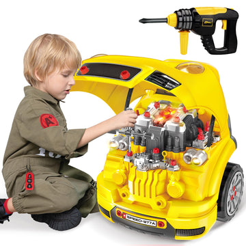 Deejoy Large Truck Builder Kit for Toddlers 3-5, Kids Mechanic Workshop Set with Light and Sound, Removable Engine, Yellow, 15.3