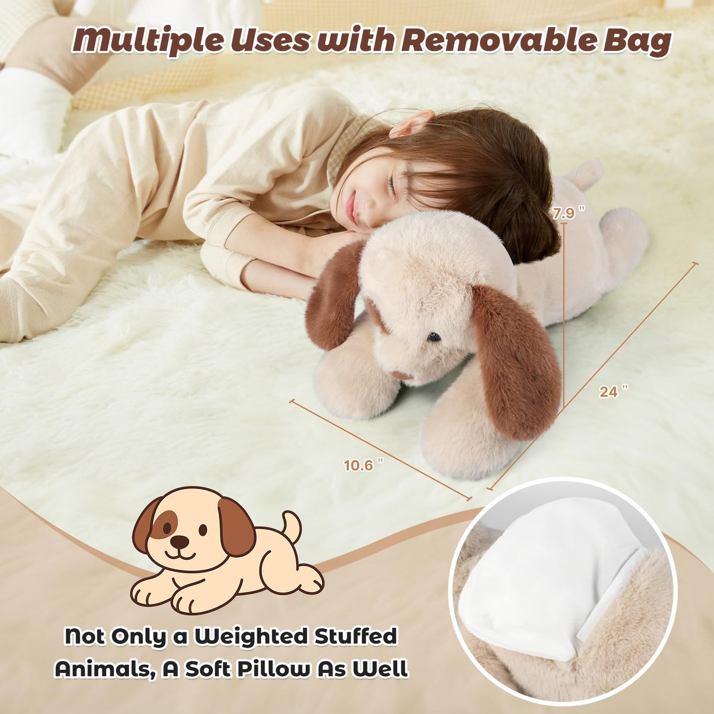 Bobbie & Laxi 24" Weighted Dog Stuffed Animal, Brown Cotton Plush Toy, Adjustable Sitting & Laying, Model BL-D