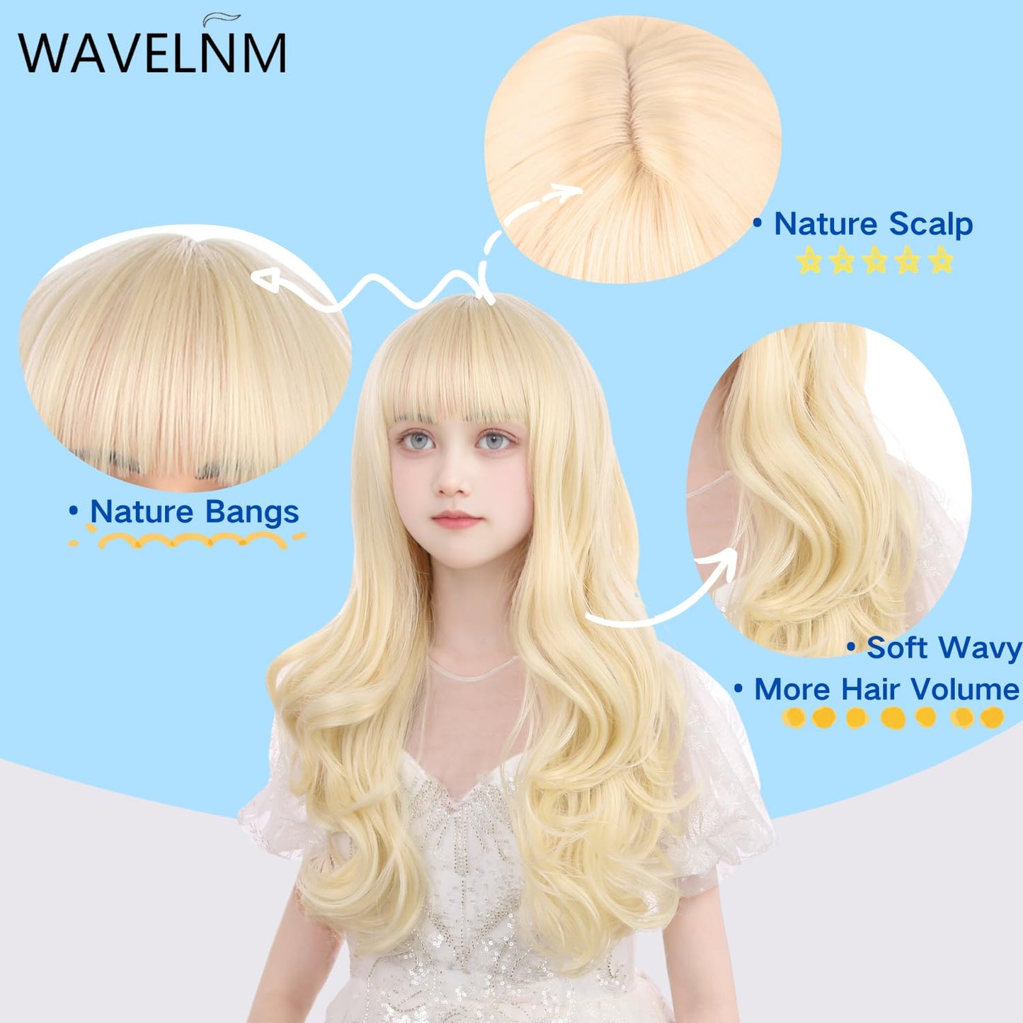 Wavelnm Kids Blonde Wigs Light Blonde Wavy Curly Child Wig Long Wavy Wig For Girls Blonde Wig With Bangs Synthetic Wig With Wig