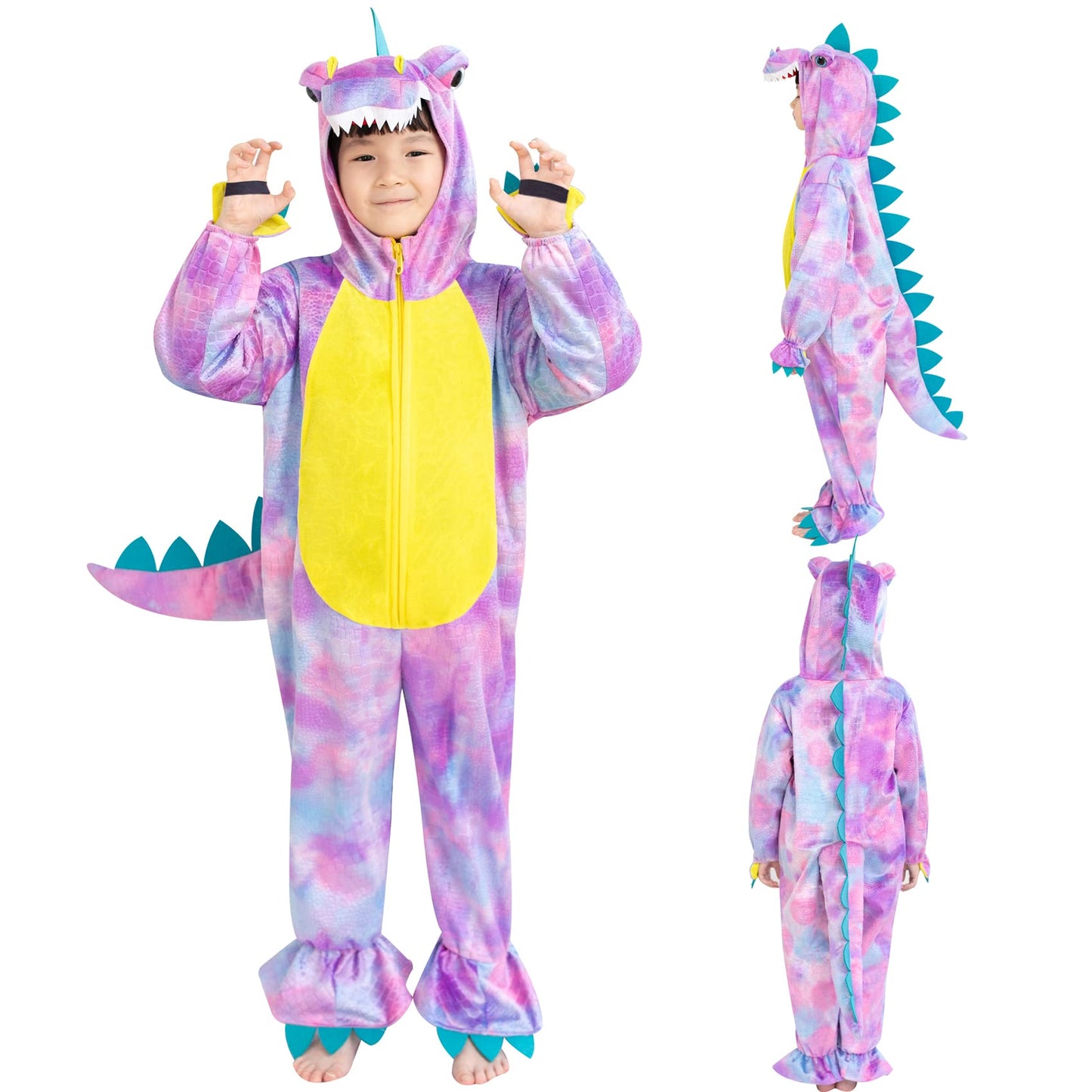 Dearsun Child'S T-Rex Dinosaur Costume Dinosaur Costume For Kids Fancy Dress Costume Hooded Romper Jumpsuit (Xs/90, Purple)