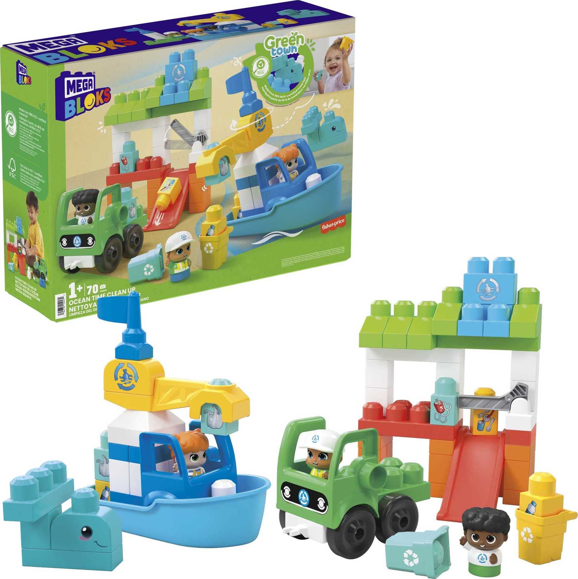 MEGA BLOKS Fisher-Price Toddler Building Blocks Toy Set, Green Town Ocean Time Clean Up with 70 Pieces, 3 Figures, Ages 1+ Years