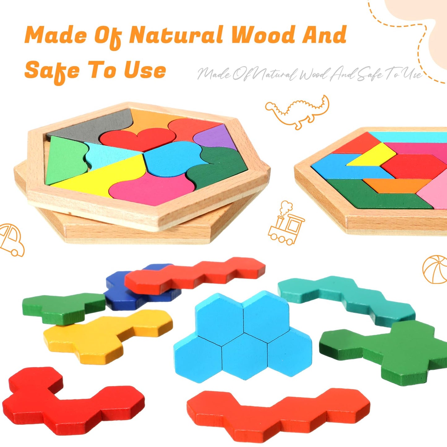 Jerify 8 Pack Wooden Hexagon Puzzles Children Educational Puzzle Blocks Shape Pattern Block Geometric Tangram Jigsaw For Kids Ad