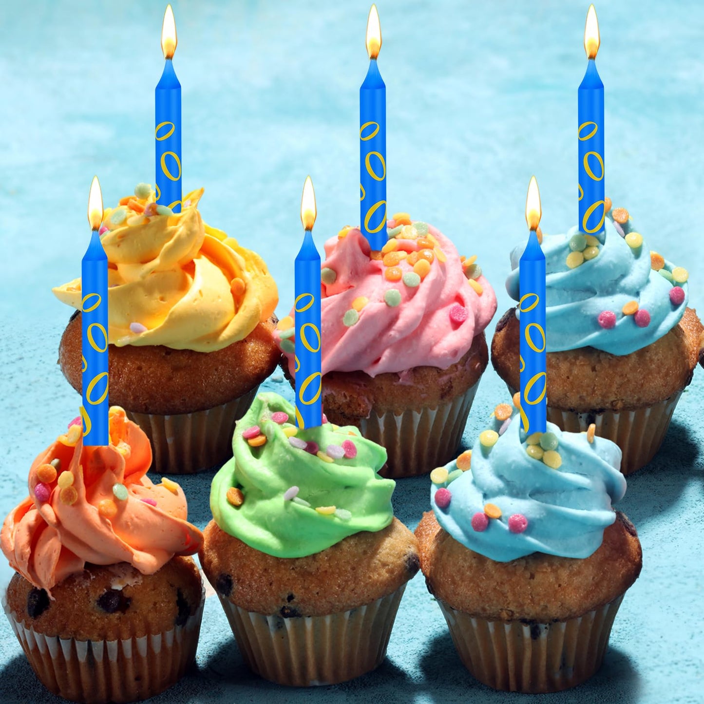Conelist 12 Pcs Blue with Gold Ring Print Themed Birthday Candles Blue Golden Cartoon Characters Candle Cake Topper for Boys Gir