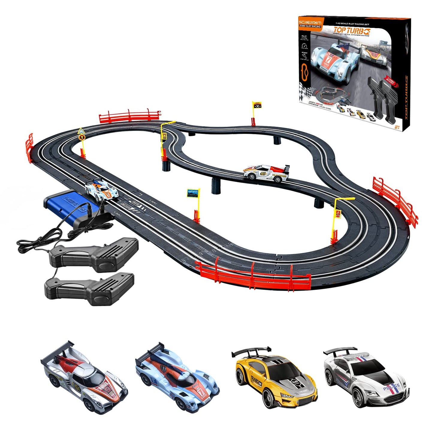 Electric Racing Track Sets for Boys and Kids Including 4 Slot Cars 1:43 Scale and 2 Controllers  Gift Toys for Children-New