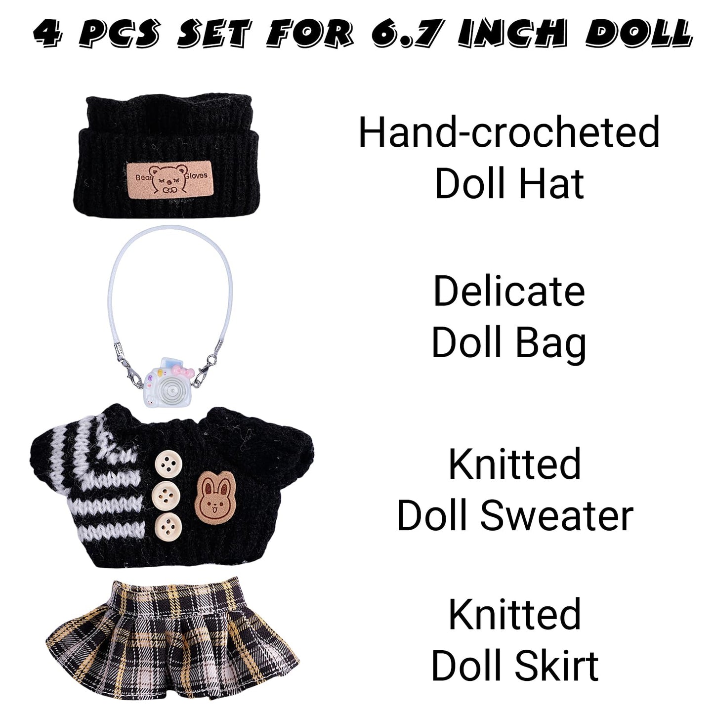 4 Piece Handcrafted Crochet Doll Clothes for 17cm/15cm Labubu Dolls (No Doll)  Cute and enhanced Outfits with Accessories  Hand Crocheted Hat  Sweaters  Skirt  Bag (Black) AK051