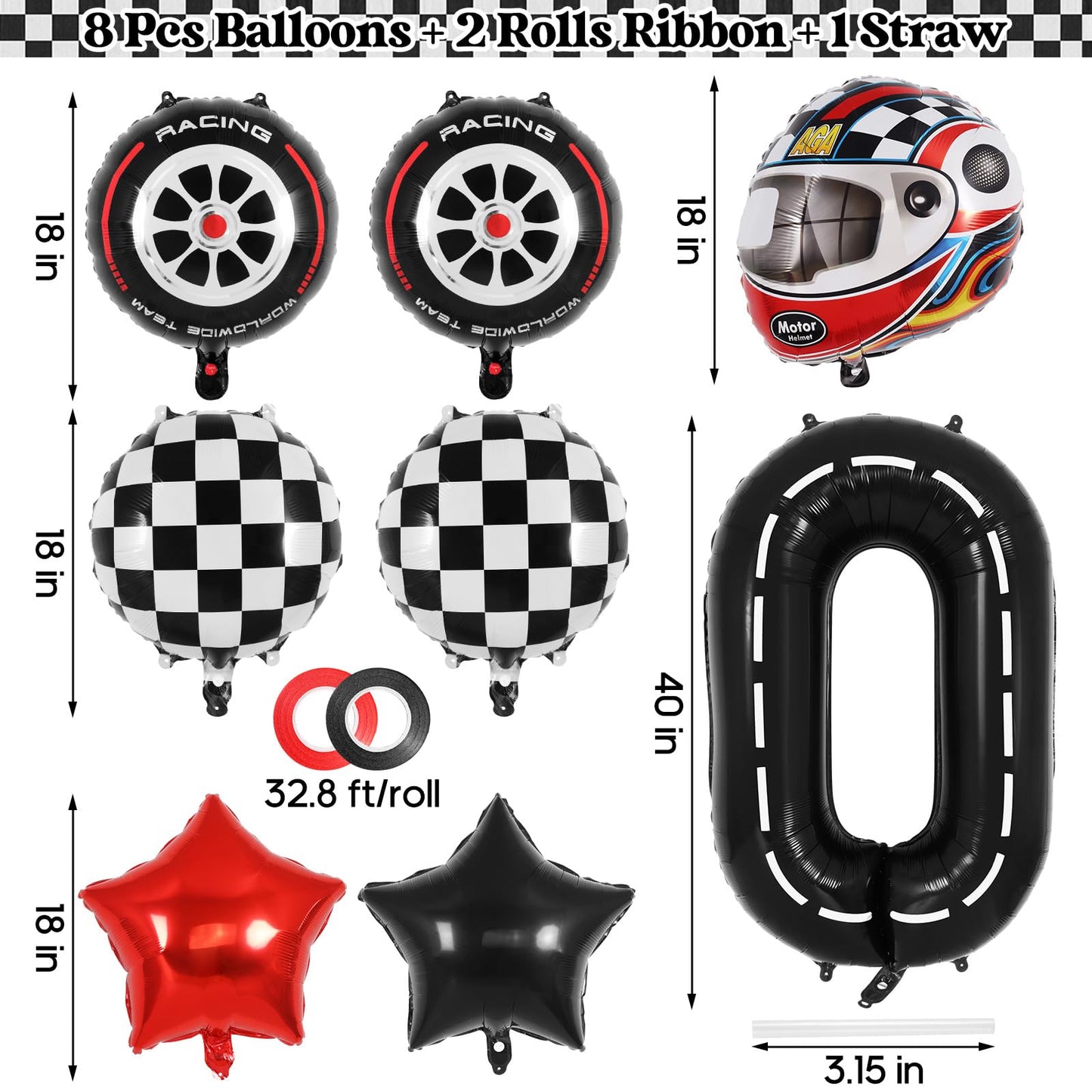 Race Car Birthday Balloons, Racetrack Number 0 Balloon, 40 Inch Large Foil Black 0 Balloon For Birthday Race Car Themed Party De