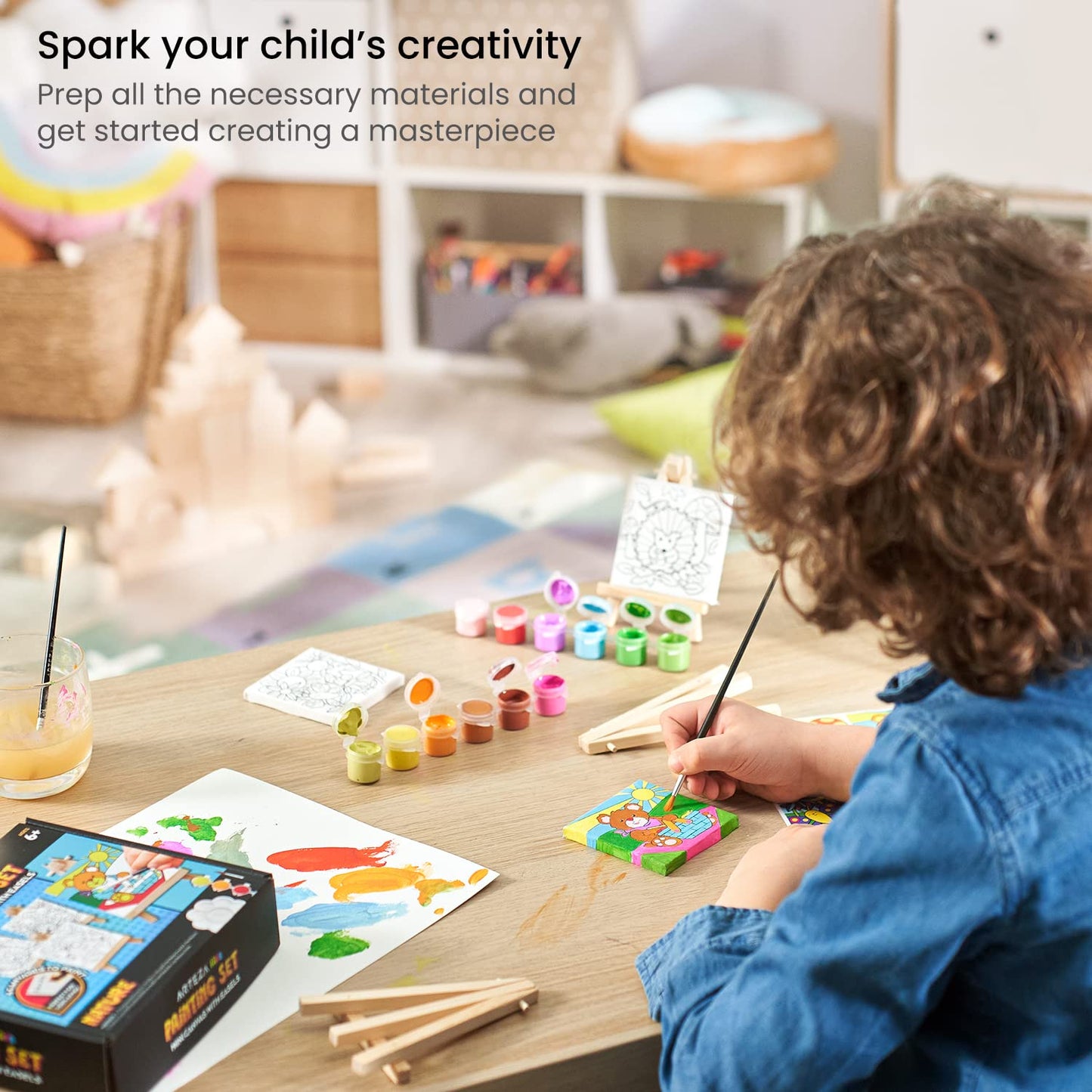 Arteza Kids Nature Painting Kit, 4 Canvases 3 X 3 Inches, 4 Easels, 12 Acrylic Paints, 2 Paint Brushes, 1 Palette, Kids Activities For Ages 6 And Up