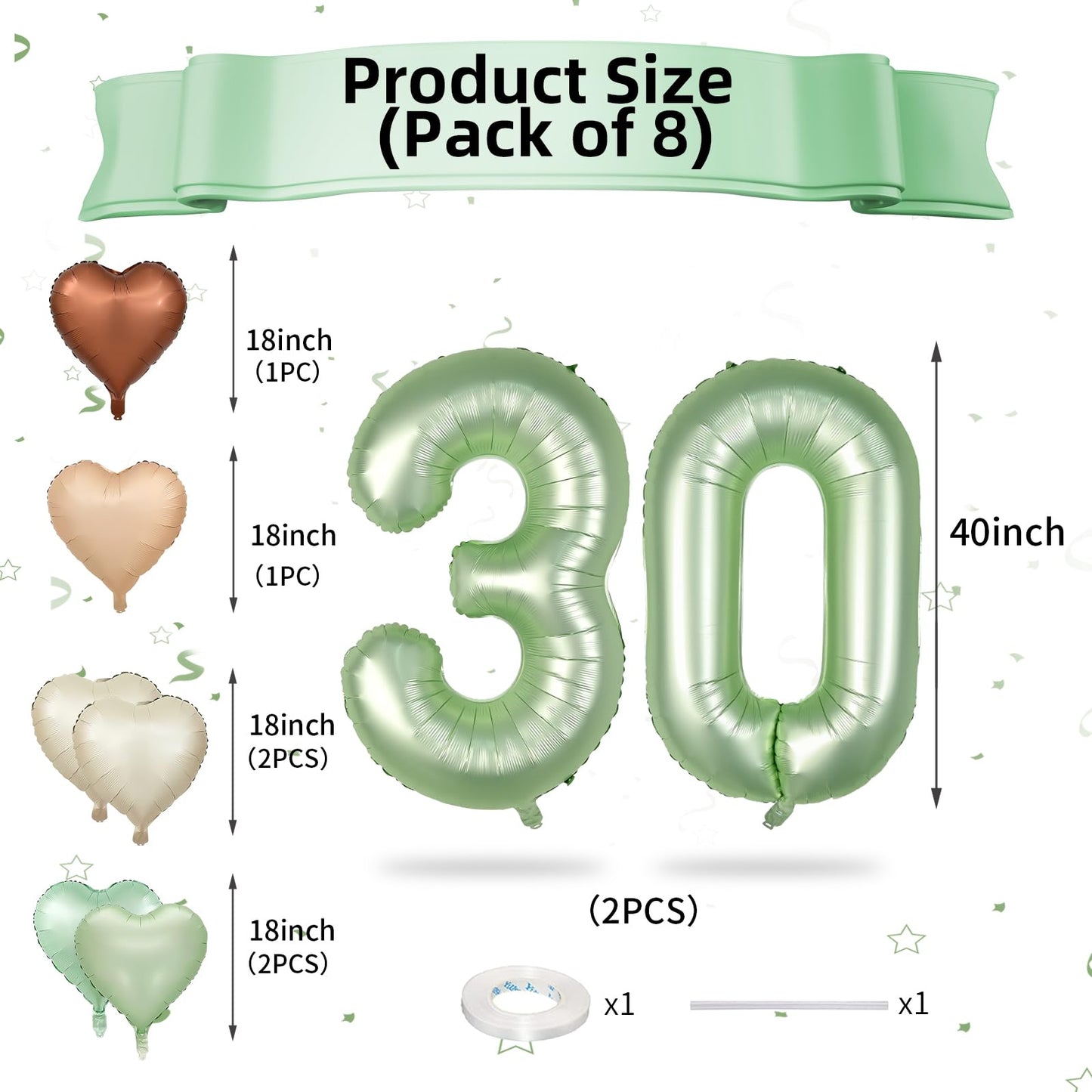 Biapian 40 Inch Sage Green Number 30 Balloons, Large Foil Number 3 & 0 Balloons With 18'' Olive Green Heart Balloon For 30Th Yea