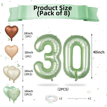 Biapian 40 Inch Sage Green Number 30 Balloons, Large Foil Number 3 & 0 Balloons With 18'' Olive Green Heart Balloon For 30Th Yea