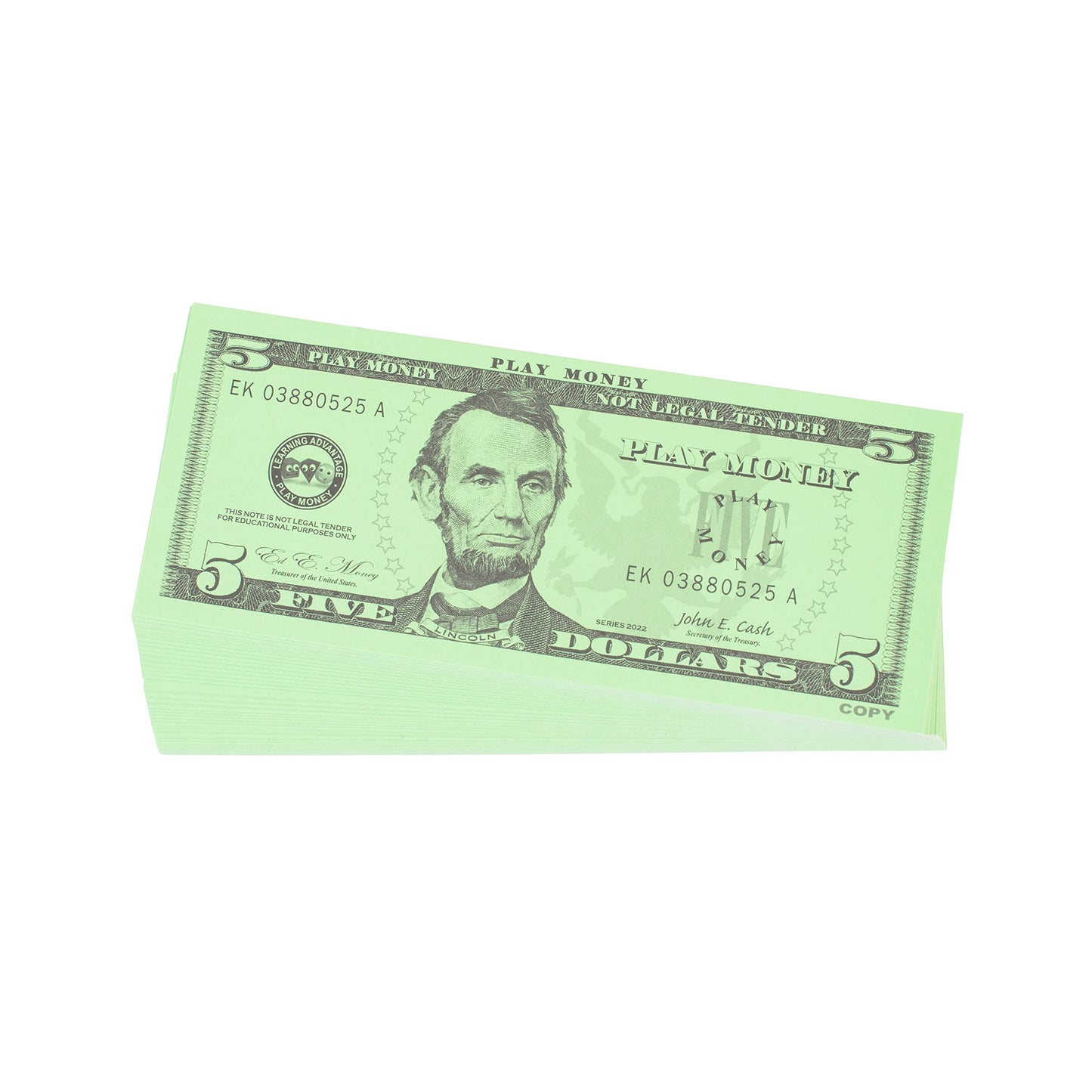 LEARNING ADVANTAGE Five Dollar Play Bills - Set of 100 $5 Paper Money for Teaching Currency & Math - Small, Multi, Model 7519