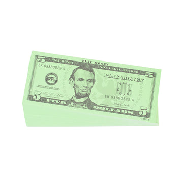 LEARNING ADVANTAGE Five Dollar Play Bills - Set of 100 $5 Paper Money for Teaching Currency & Math - Small, Multi, Model 7519