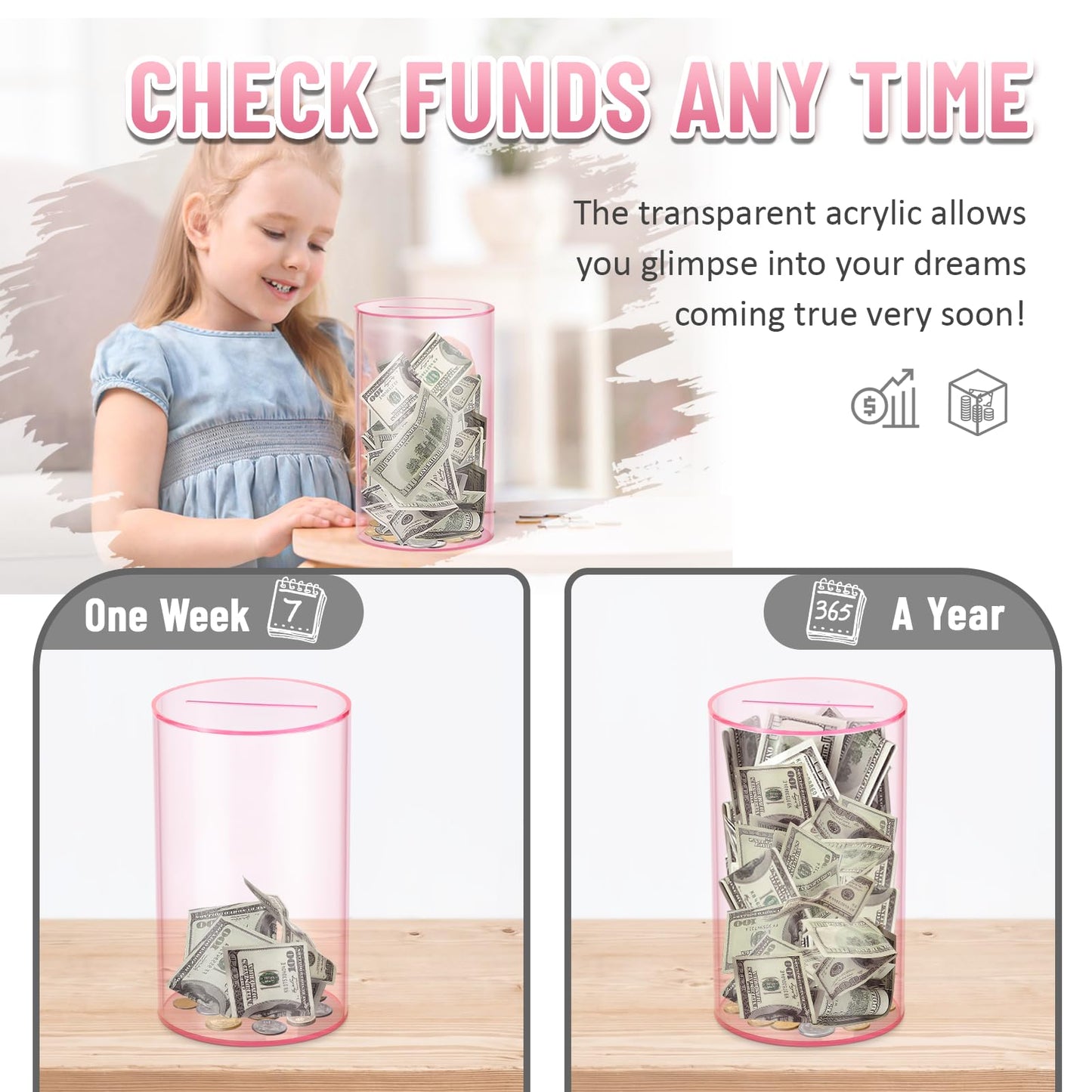 Hizgo Clear Pink Piggy Bank For Adults And Kids, Unopenable Acrylic Savings Jar, Must Break To Open, Medium Size (8' H X 5' Diameter)