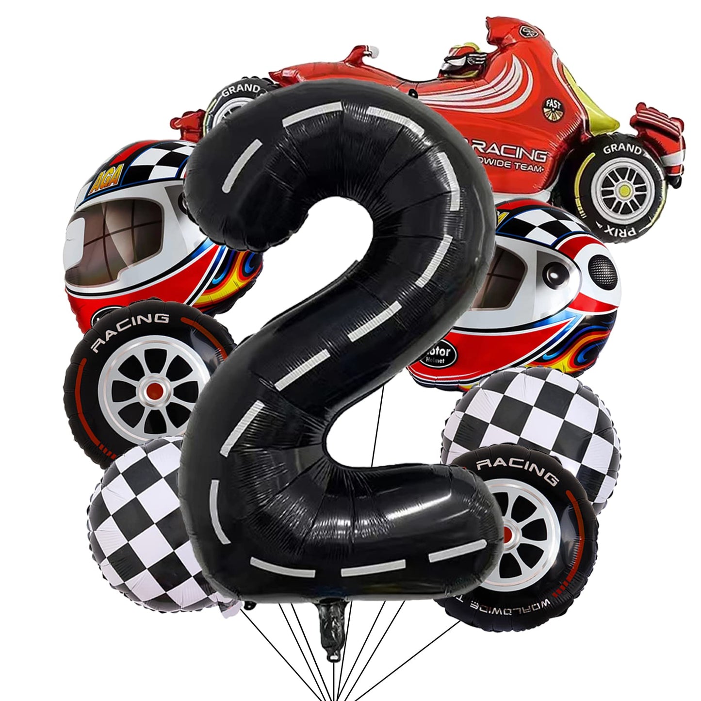 Stcomart 8 Pcs Race Car Party Decorations, Black Number 2 Balloon Checkered Balloons Tire Balloons For Boys 2Nd Birthday
