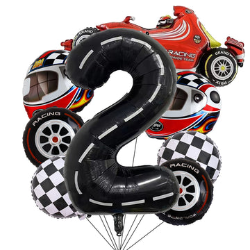 Stcomart 8 Pcs Race Car Party Decorations, Black Number 2 Balloon Checkered Balloons Tire Balloons For Boys 2Nd Birthday