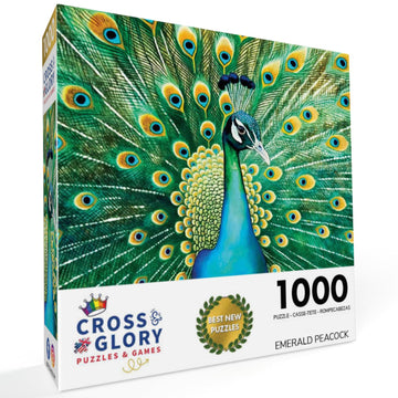 Cross & Glory 1000 Piece Jigsaw Puzzle - Emerald Peacock Artwork, Large Size, Durable 1.8mm Cardboard, Perfect for Animal Lovers