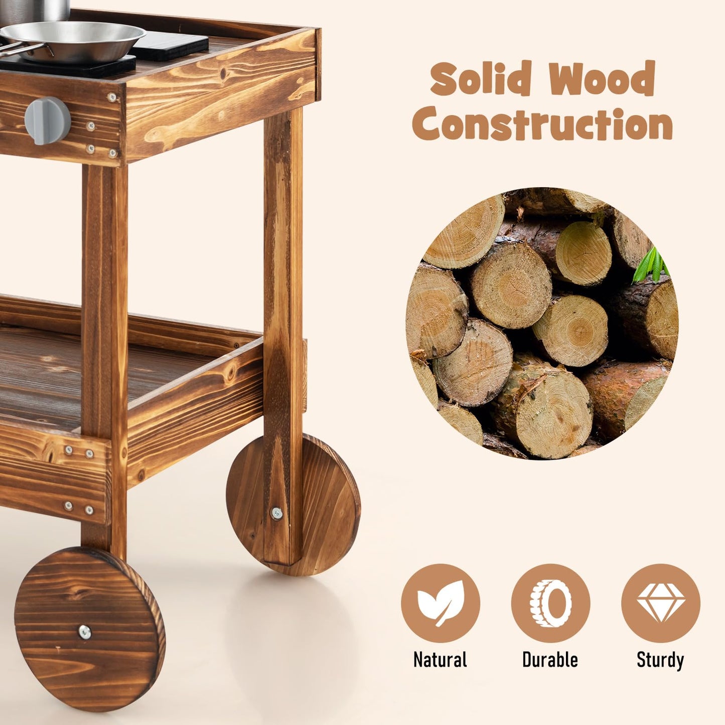 Costzon Mud Kitchen, Outdoor Play Kitchen With Sink, Faucet, Stoves And Cooking Accessories, Storage Shelf, Toddler Wooden Rolli