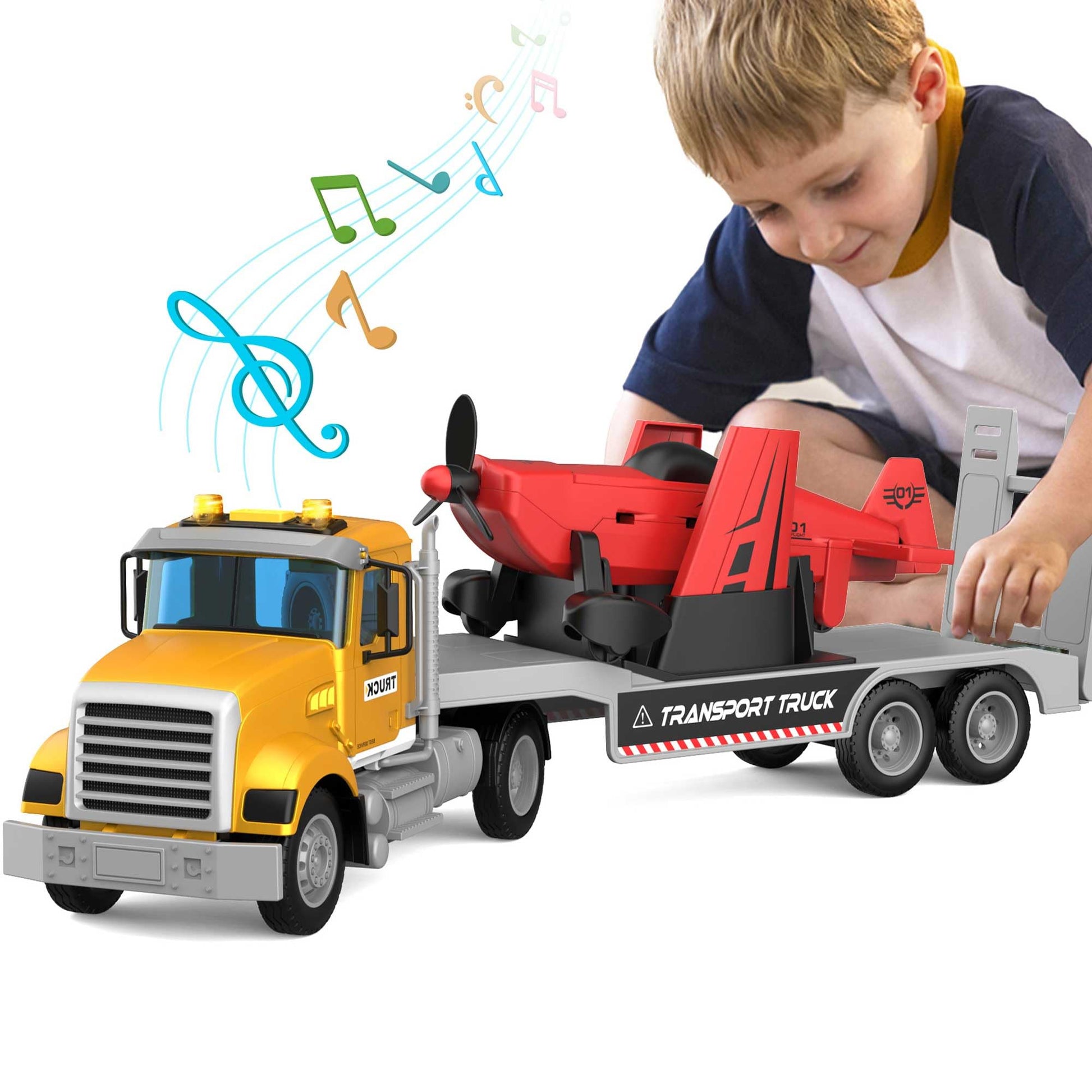 DOWELLIN Large 22'' Semi Police Truck Toy with Propeller Aircraft Car Toys for Kids Toddlers, Christmas Birthday Gift for Boy Gi