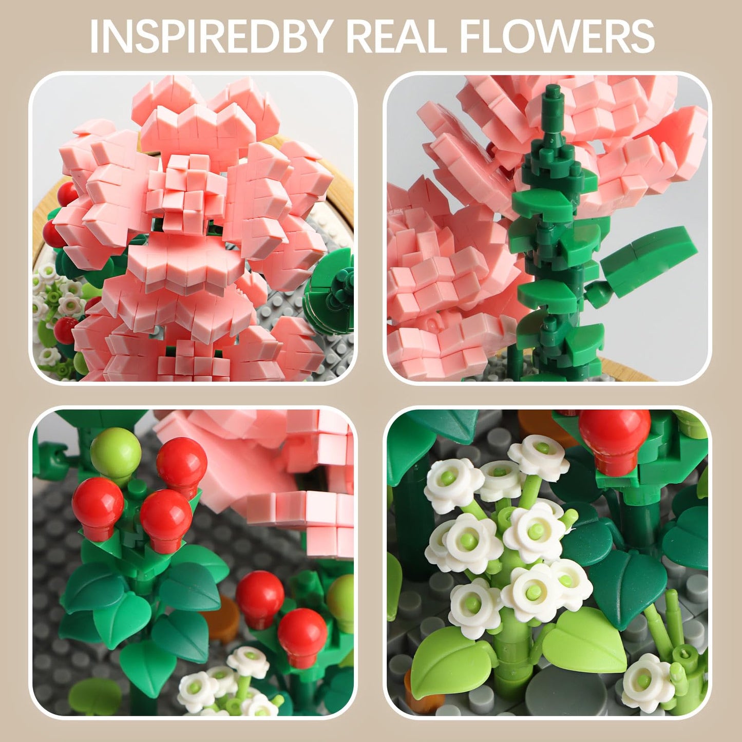 Flower Bouquets Building Sets, Pink Rose Bonsai Tree Botanical Collection With Display Case, Mini Gift Kits For Adults Teens 12+ Girls Women (675Pcs Micro Blocks)