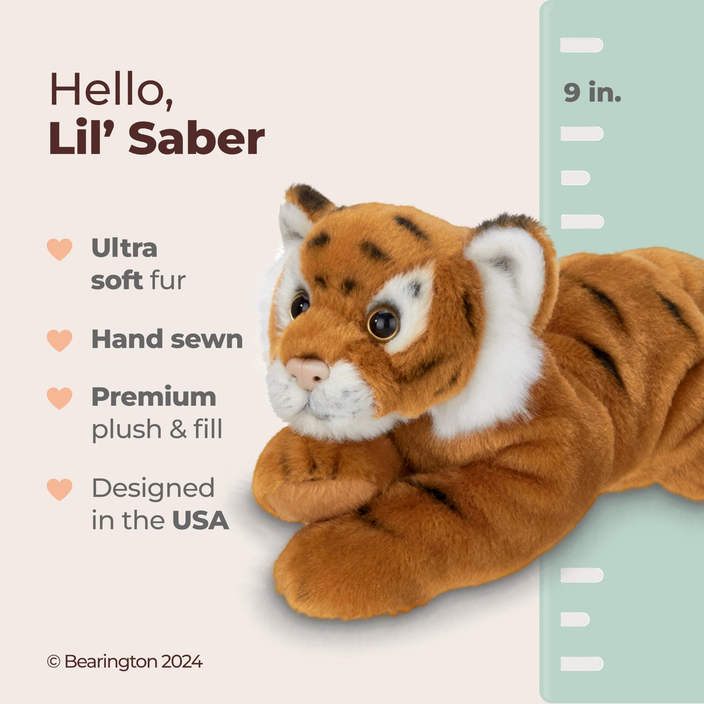 Bearington Lil' Saber Small Plush Stuffed Animal Tiger, 9 Inches