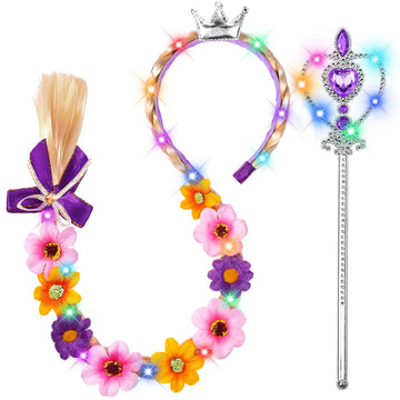 DUDUCOFU Princess Accessories with LED Lights for Little Girls, Glowing Braided Wig with Tiara Wand Toys for Girls Gift 3 4 5 6 