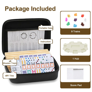 Mexican Train Dominoes Set With 8 Wooden Trays/Racks, Double 12 Dominos Travel Set With 8 Domino Tiles Holders, 91 Tiles Double 12 Colored Dominoes Game Set With Portable Case For Families Kids